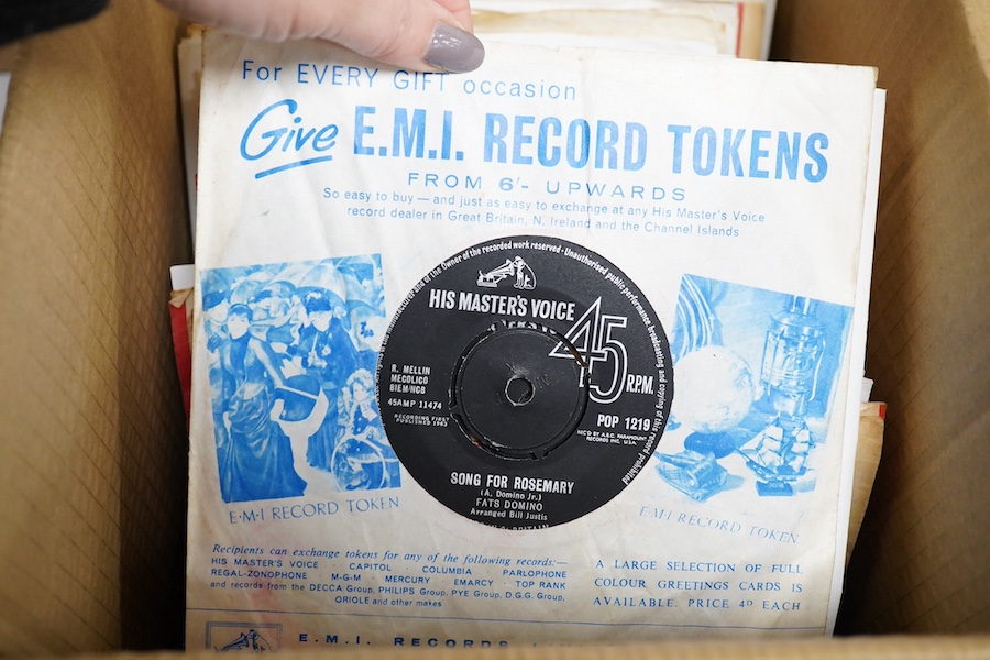 Three boxes of 7 inch singles, all on HMV record labels, artists include; Ray Charles, Manfred Mann, The Swinging Blue Jeans John Leyton, Mike Berry, Kay Starr, Tony Martin, Eddie Fisher, Don Lang, Fats Domino, Johnny Ki